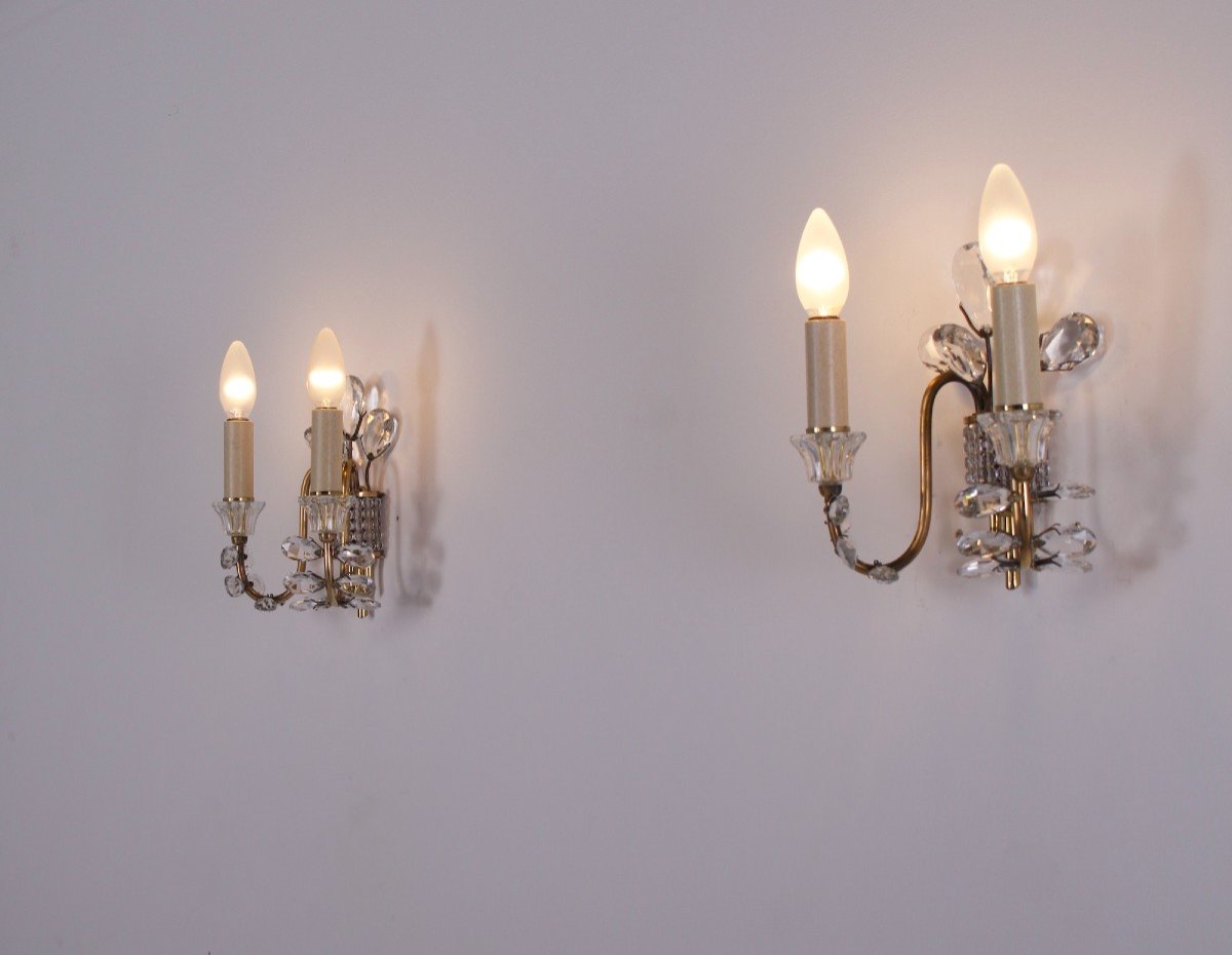 Pair Of Brass Sconces With Cut Glass Maison Baguès Style.