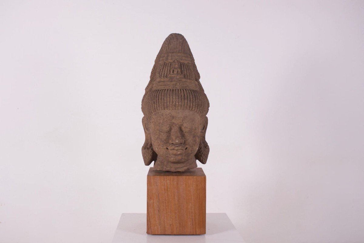 Important Pre-angkor Khmer Deity Head In Sandstone (80 Cm)-photo-2