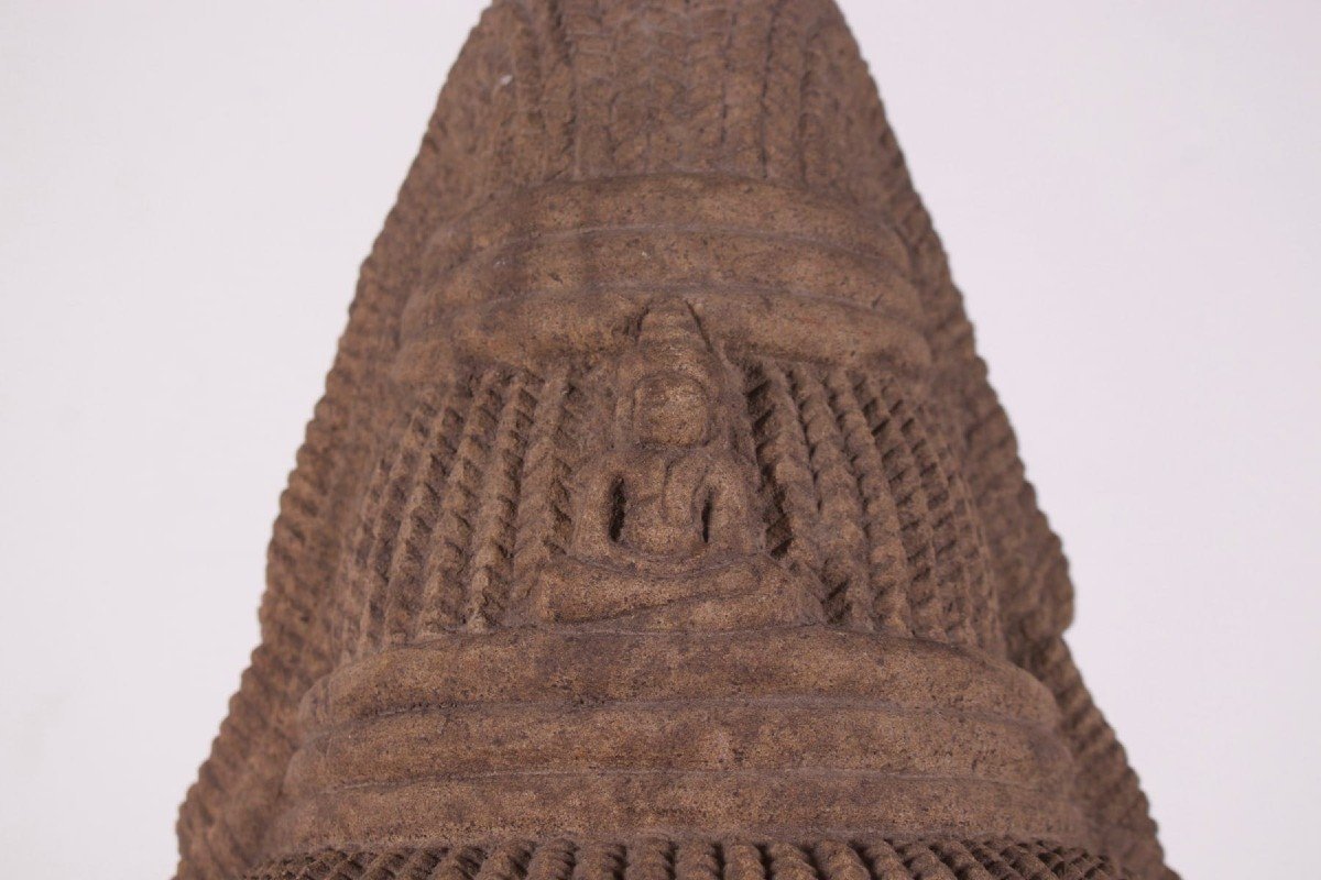 Important Pre-angkor Khmer Deity Head In Sandstone (80 Cm)-photo-3