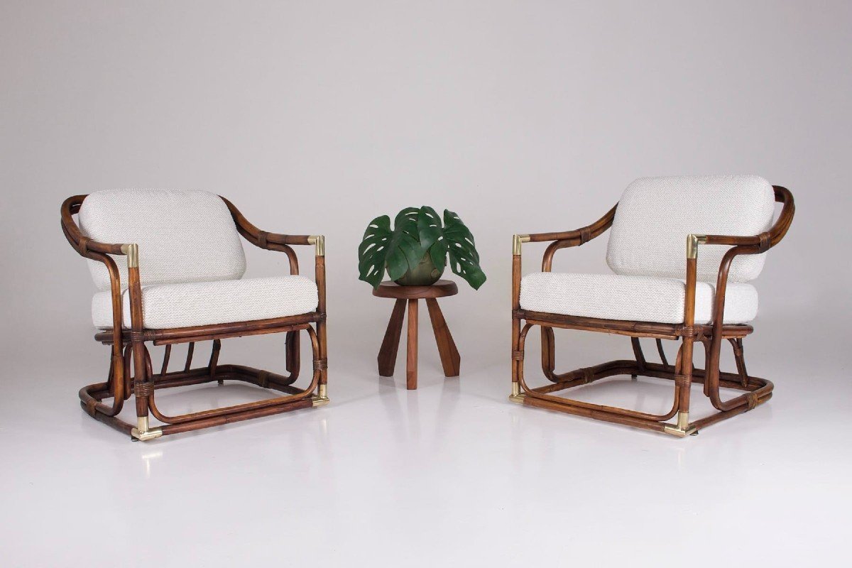 Pair Of Gilles Sermadiras Bamboo Armchairs-photo-4