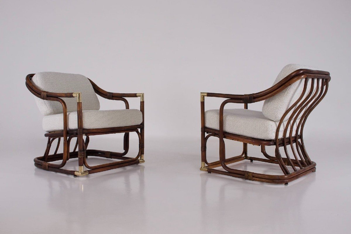 Pair Of Gilles Sermadiras Bamboo Armchairs