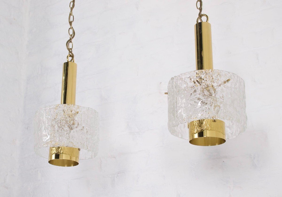 Brass And Murano Ice Glass Pendant Lights