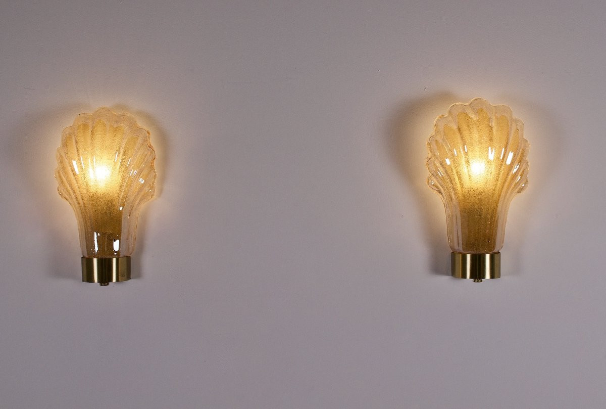 Pair Of "shell" Wall Lights, Barovier Toso Style.-photo-3