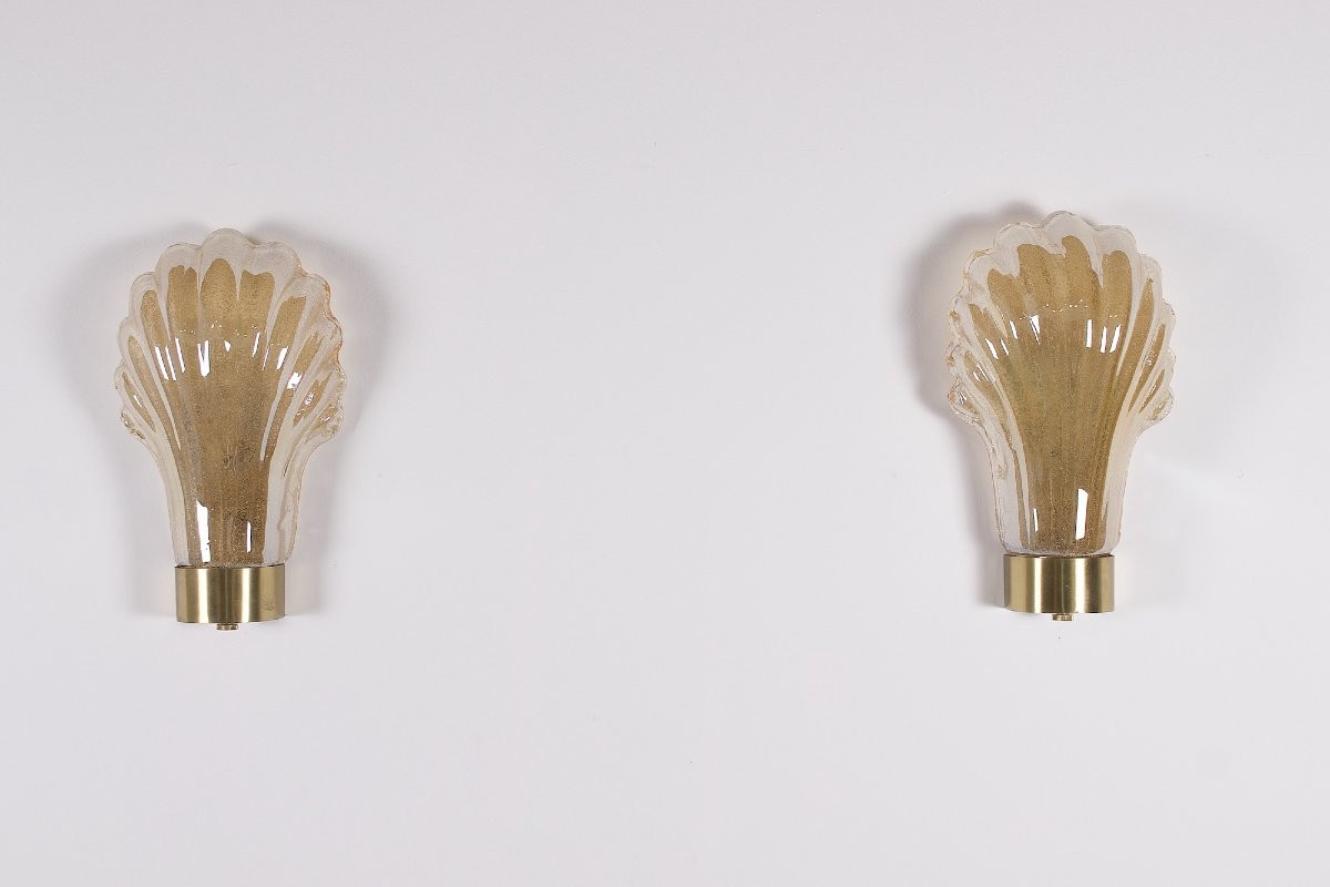 Pair Of "shell" Wall Lights, Barovier Toso Style.-photo-4