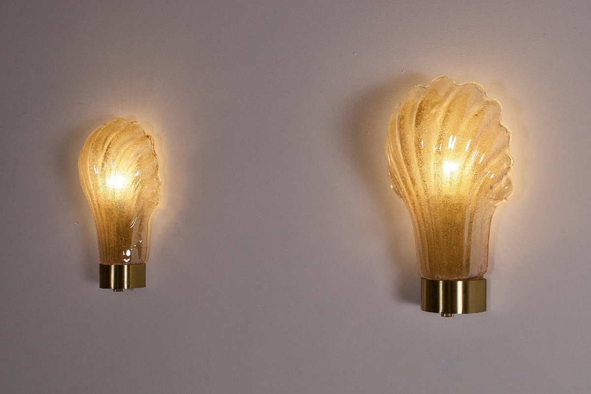 Pair Of "shell" Wall Lights, Barovier Toso Style.-photo-1