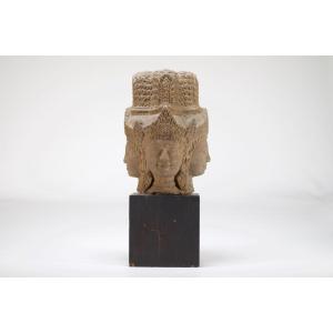 Head Of Brahma In Sandstone, Khmer Style.