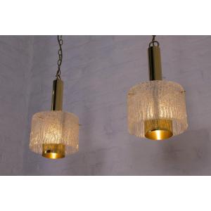 Brass And Murano Ice Glass Pendant Lights