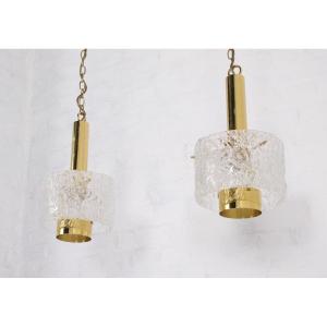 Brass And Murano Ice Glass Pendant Lights