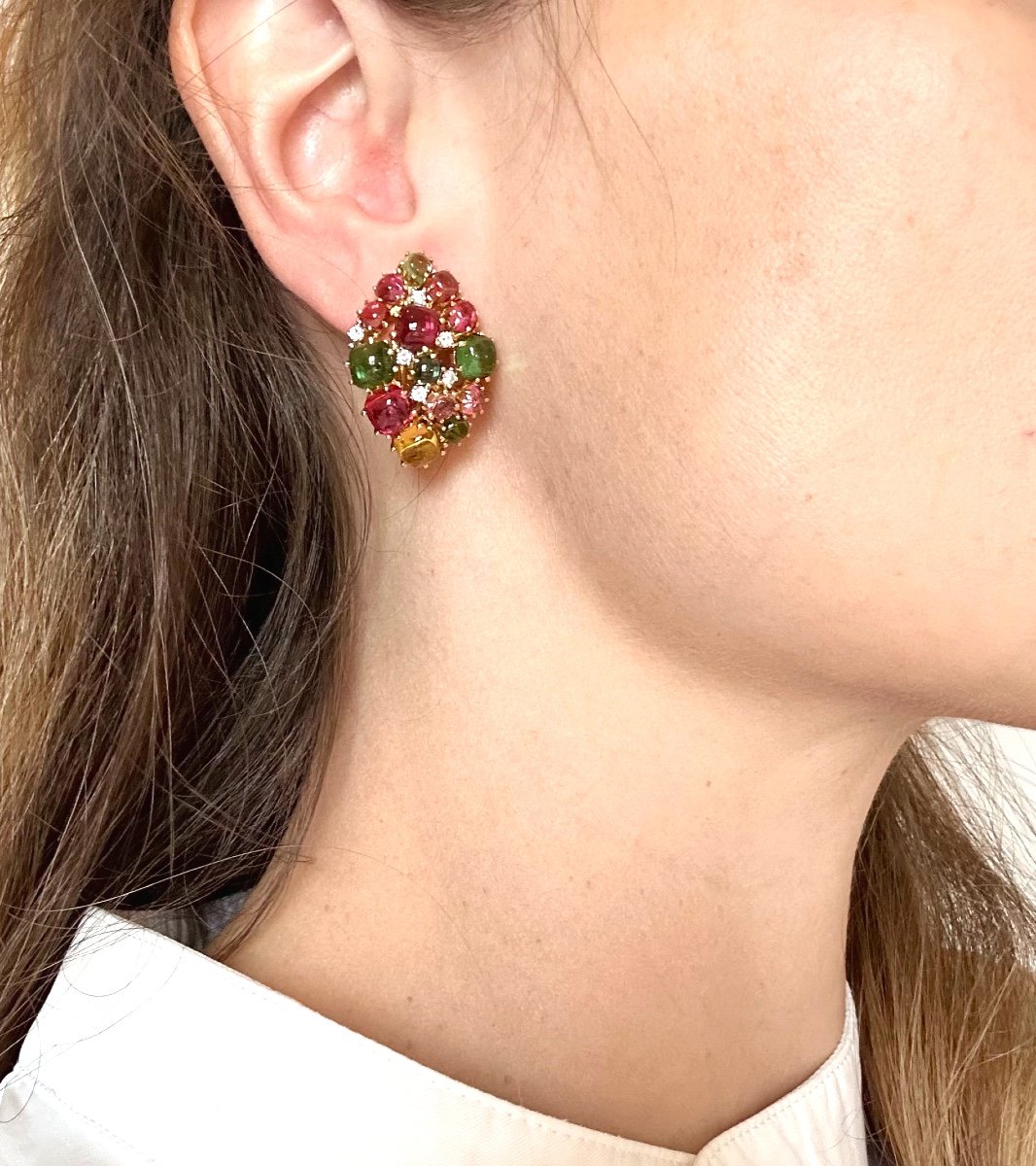 Boucles d'Oreilles En Or Jaune, Tourmalines Et Diamants-photo-2