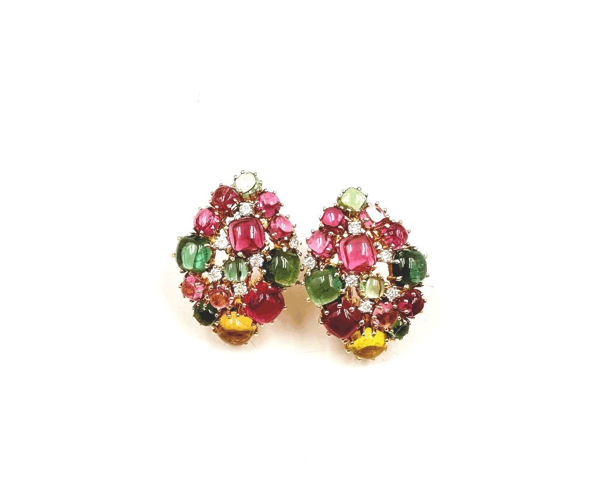 Boucles d'Oreilles En Or Jaune, Tourmalines Et Diamants