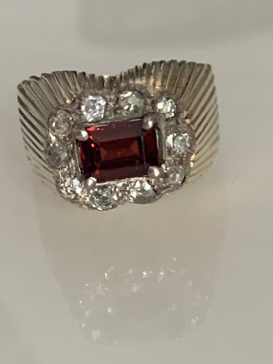 2412 – Ring Gold Silver Garnet Diamonds Years 40-photo-3