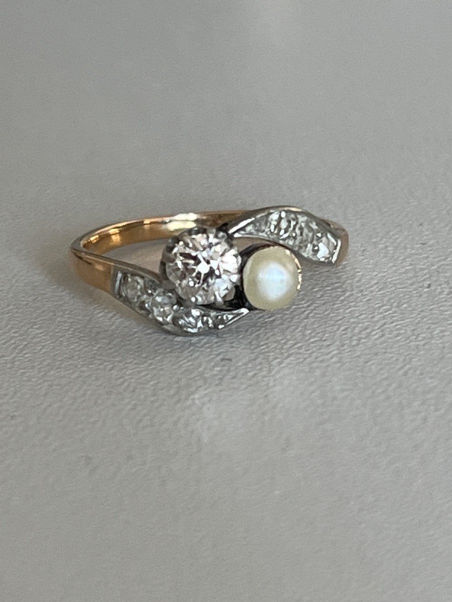 Proantic: Bague Perle Et Diamants Taille Ancienne - Or Jaune Et Plati