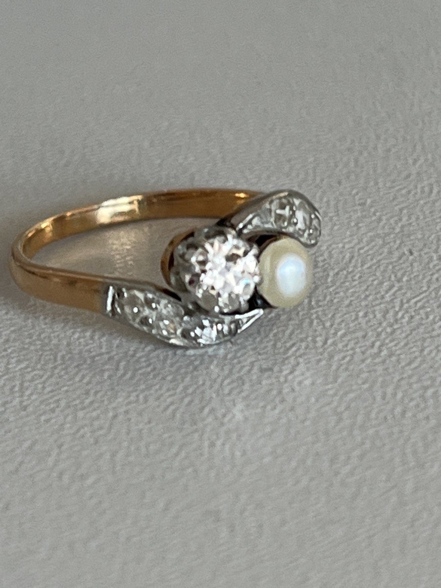 Proantic: Bague Perle Et Diamants Taille Ancienne - Or Jaune Et Plati