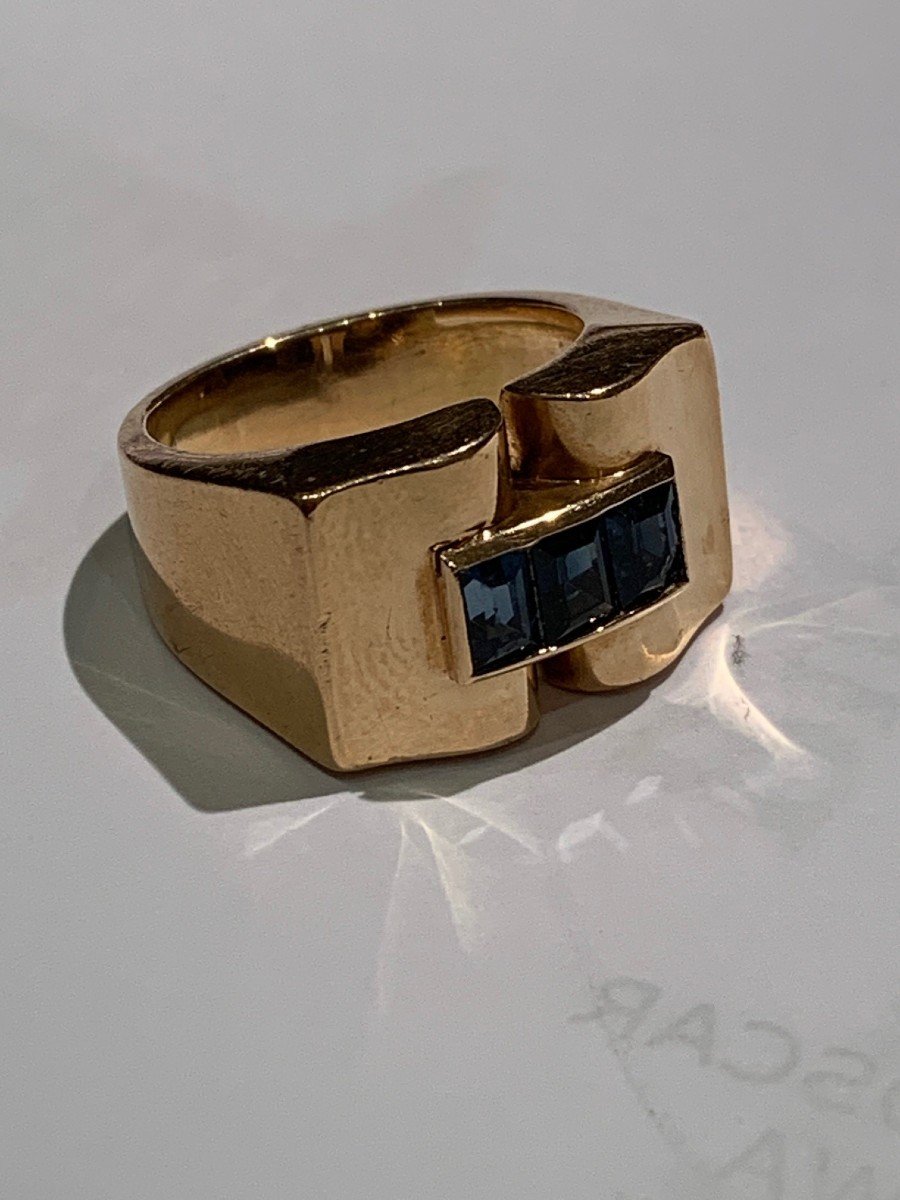 1242– Bague Pont Années 40 Or Jaune Pierres Bleues-photo-2