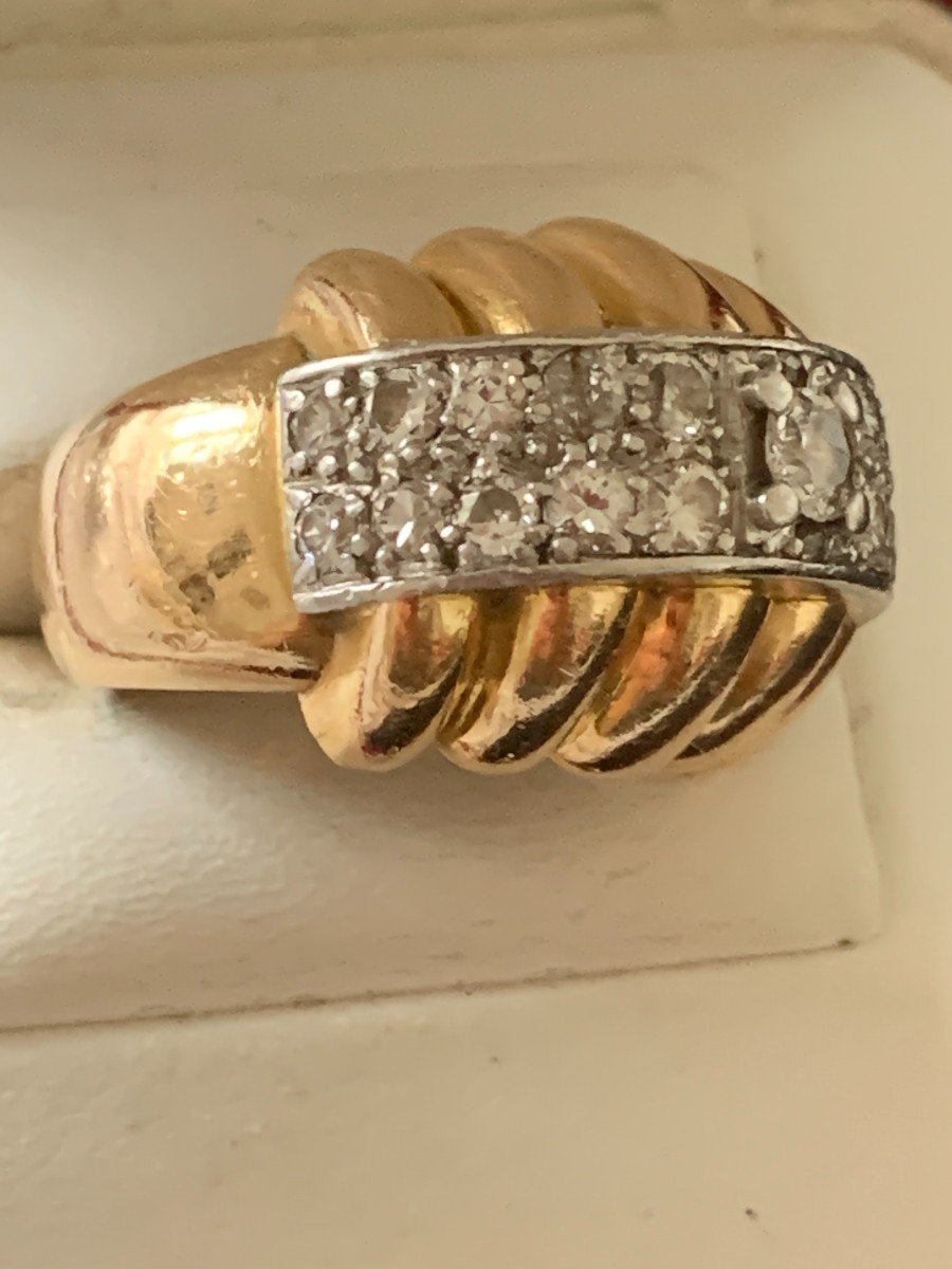 1841– Ribbed Ring Yellow Gold Platinum Diamonds 1950s-photo-2