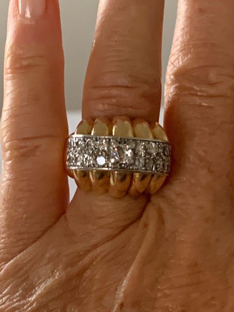 1841– Ribbed Ring Yellow Gold Platinum Diamonds 1950s-photo-4