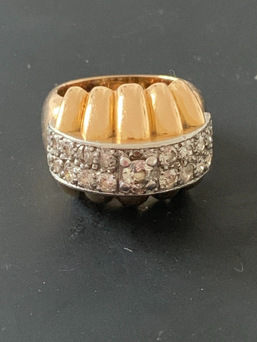 1841– Ribbed Ring Yellow Gold Platinum Diamonds 1950s-photo-1