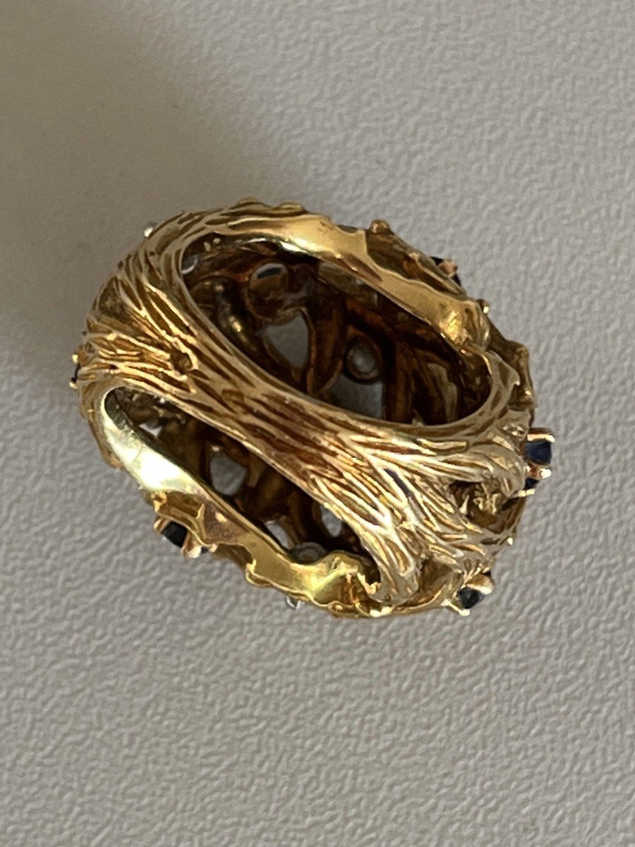 4004– Importante Bague Boule Annnées 1960 Or Jaune Saphirs Diamants-photo-2