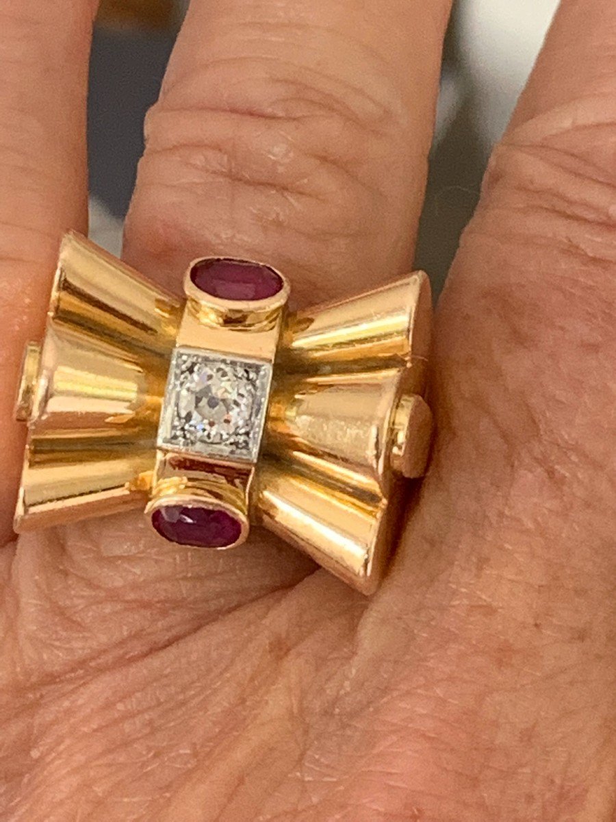 3372– Yellow Gold Ruby Diamond Tank Ring-photo-2