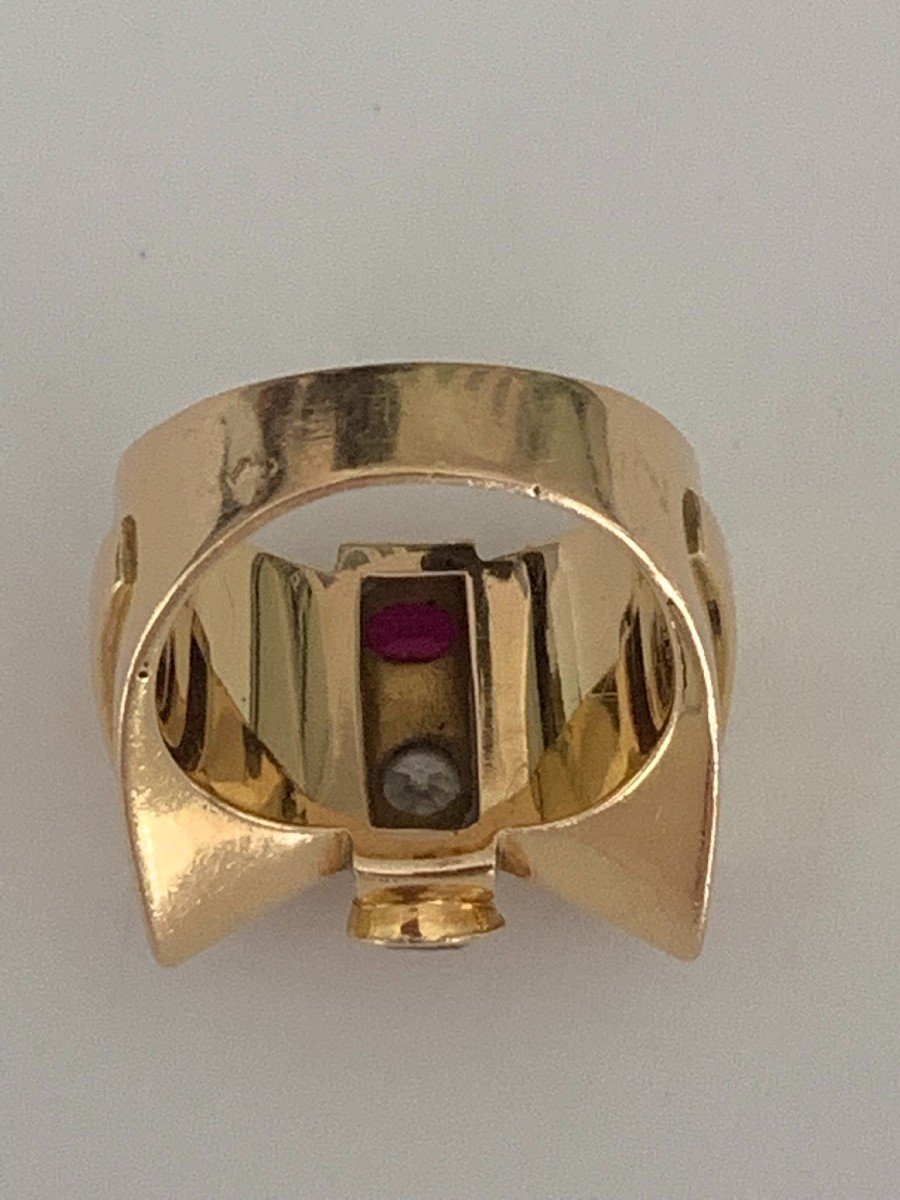 3372– Yellow Gold Ruby Diamond Tank Ring-photo-3