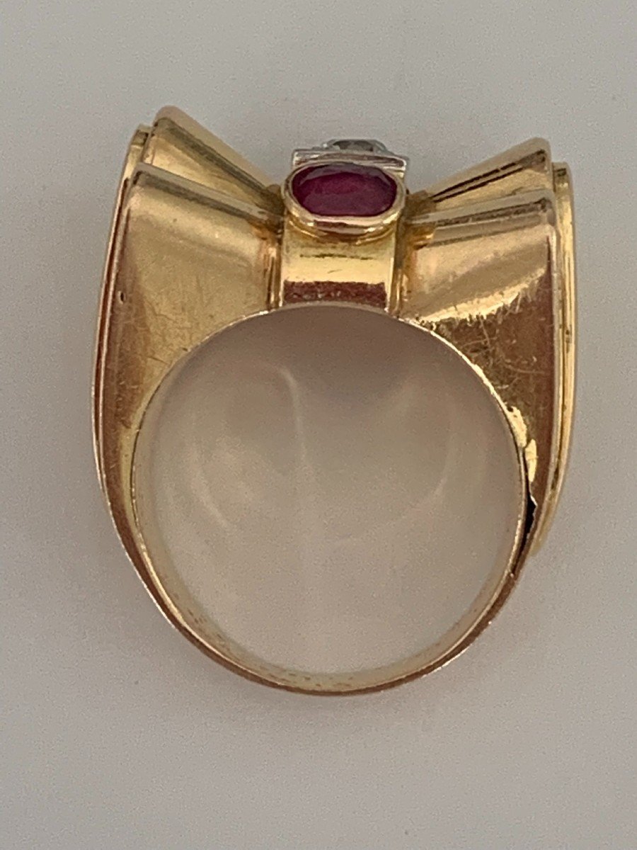 3372– Yellow Gold Ruby Diamond Tank Ring-photo-4