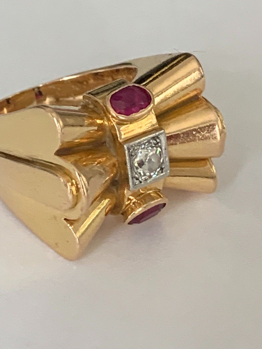 3372– Yellow Gold Ruby Diamond Tank Ring-photo-1