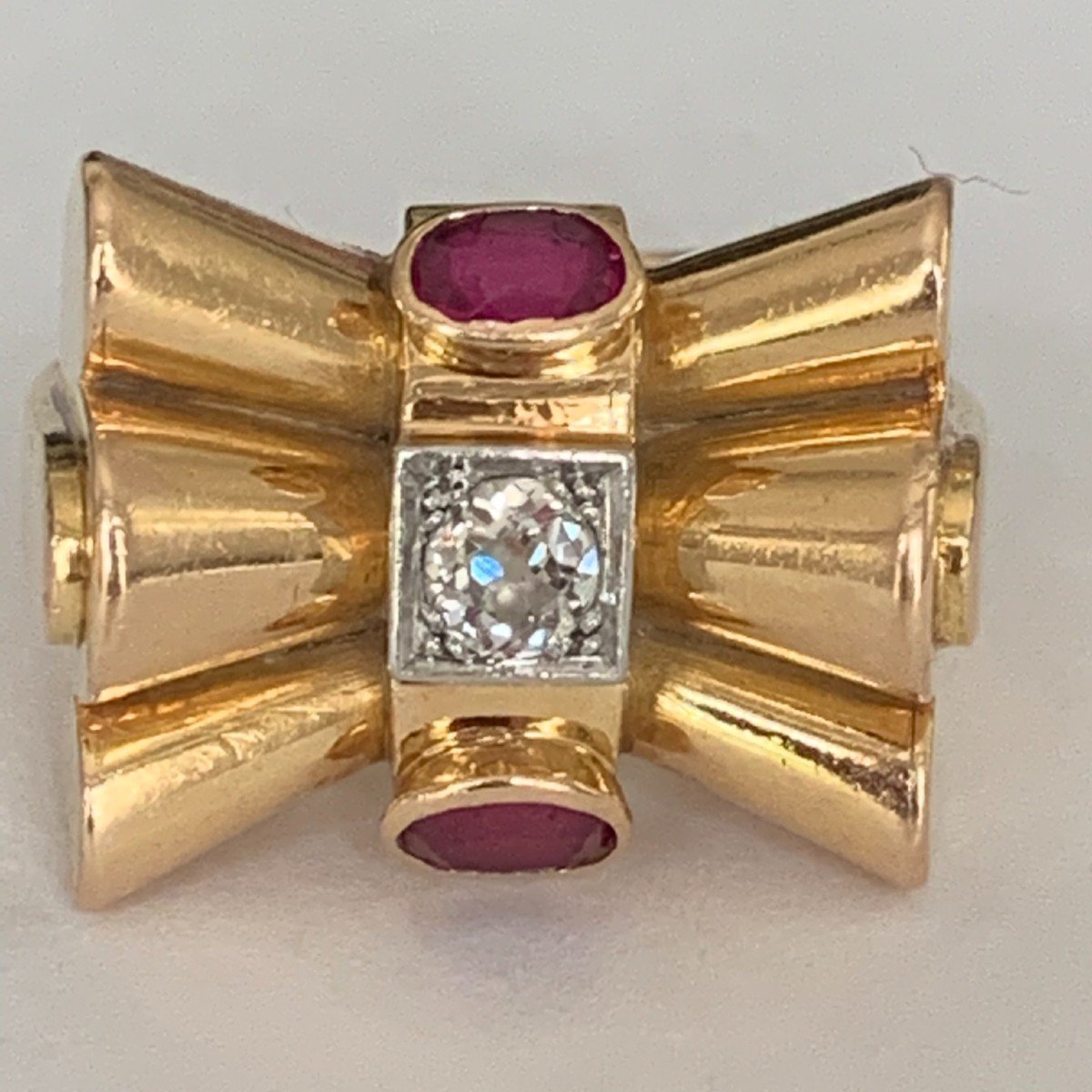 3372– Yellow Gold Ruby Diamond Tank Ring