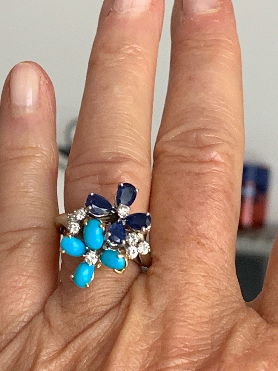 1376- Fleurettes Gold Ring Turquoise Sapphires-photo-3