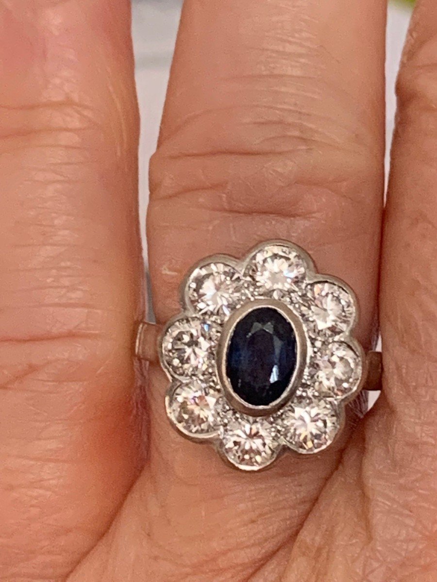 2963- Flower Ring White Gold Sapphire Diamonds 1.50 Ct-photo-3