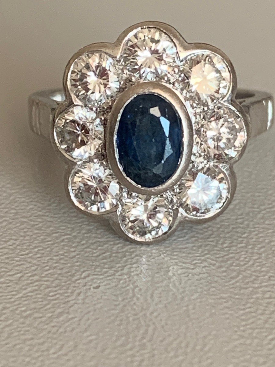 2963- Flower Ring White Gold Sapphire Diamonds 1.50 Ct-photo-4