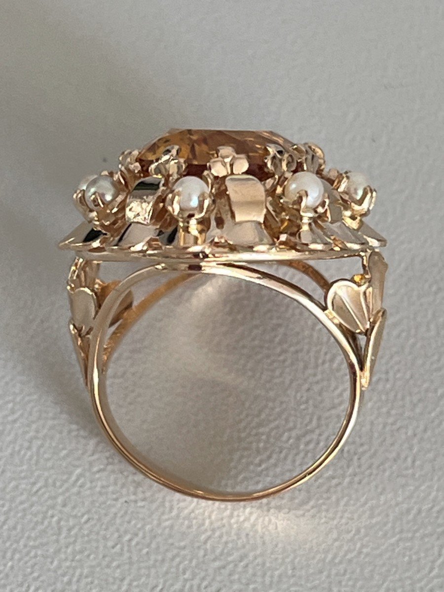 4684- 50s Yellow Gold Citrine Pearl Ring-photo-3