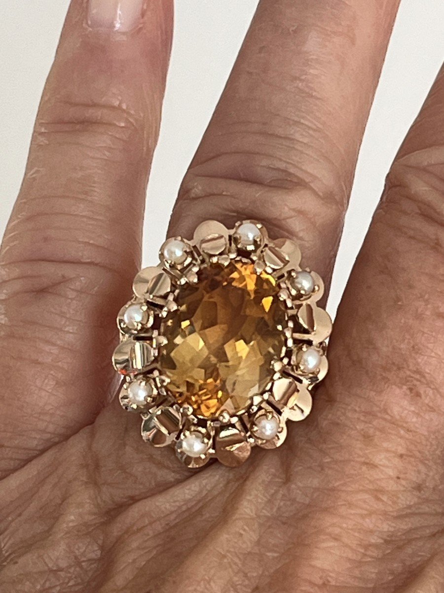 4684- 50s Yellow Gold Citrine Pearl Ring-photo-2