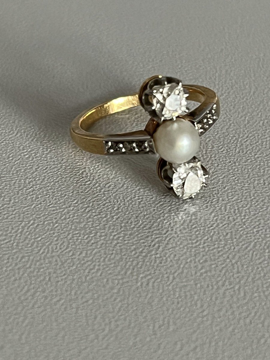 5032- Bague Or Jaune Platine Perle Diamants-photo-4