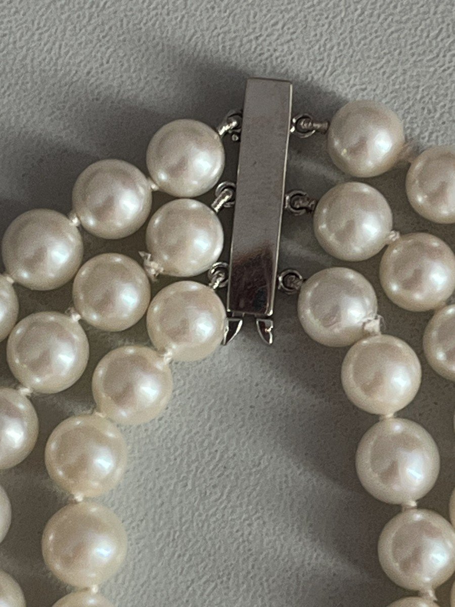 5024- Collier 3 Rangs Perles En Chute Fermoir Or Gris-photo-4