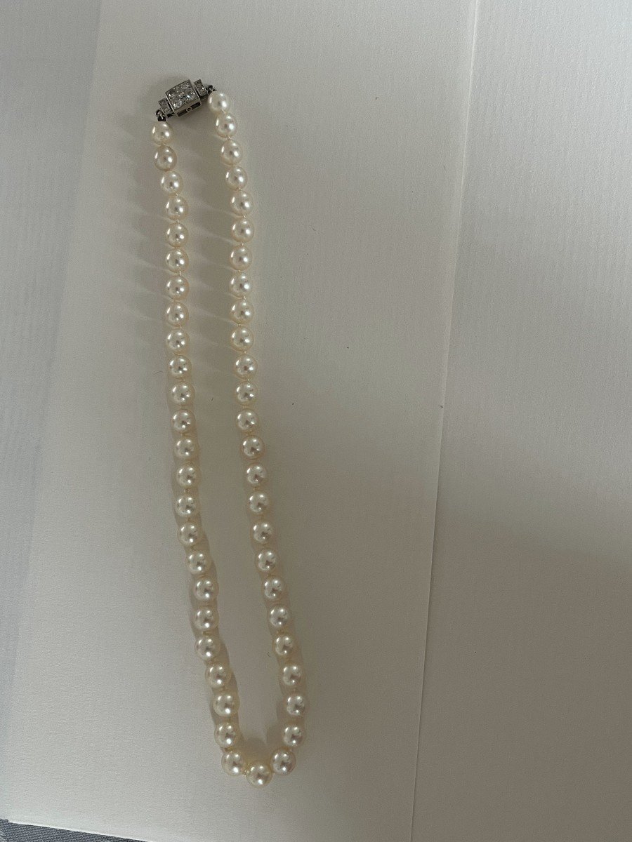 5107b- Collier Perles Fermoir Art Deco Or Gris Diamants-photo-2