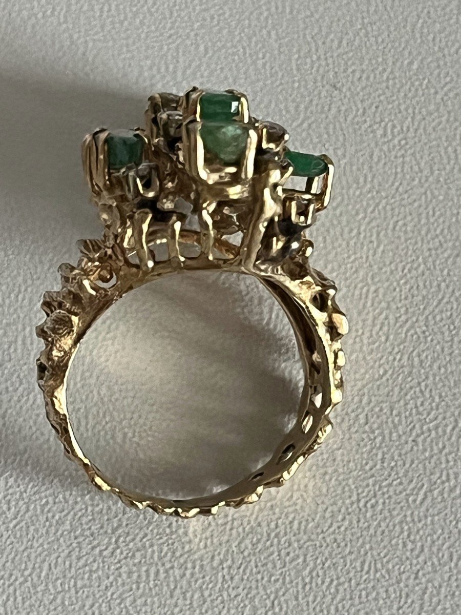 5085- Modernist Ring Yellow Gold Emeralds Diamonds-photo-4