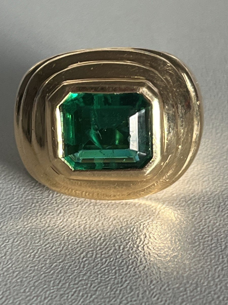 4410- Large Bague Chevalière Or Jaune Pierre Verte-photo-2