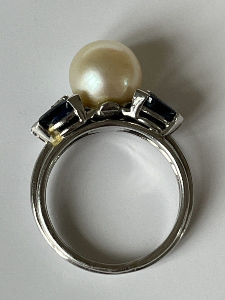 5259- White Gold Pearl Sapphires Diamonds Ring-photo-2