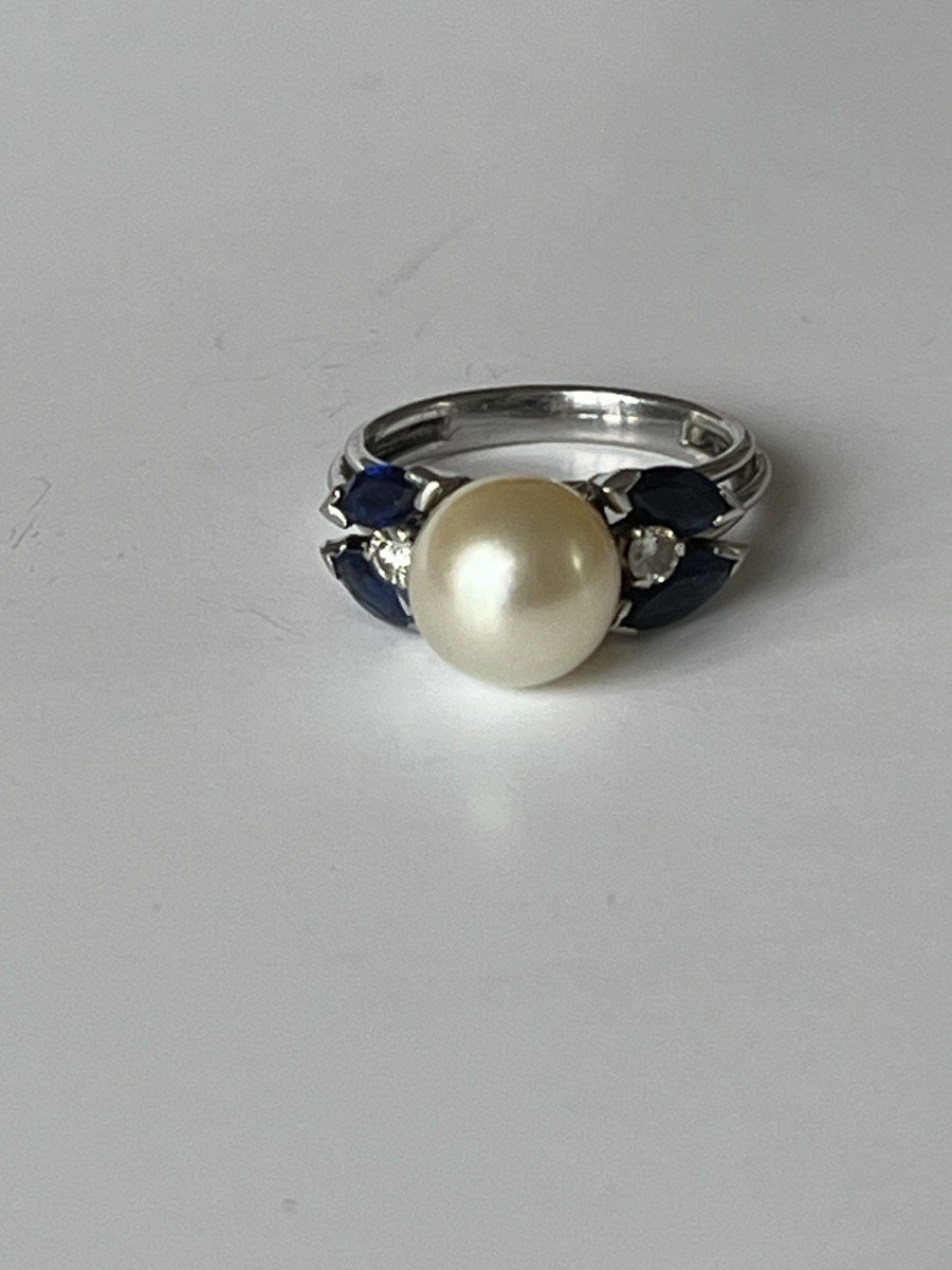 5259- White Gold Pearl Sapphires Diamonds Ring-photo-4