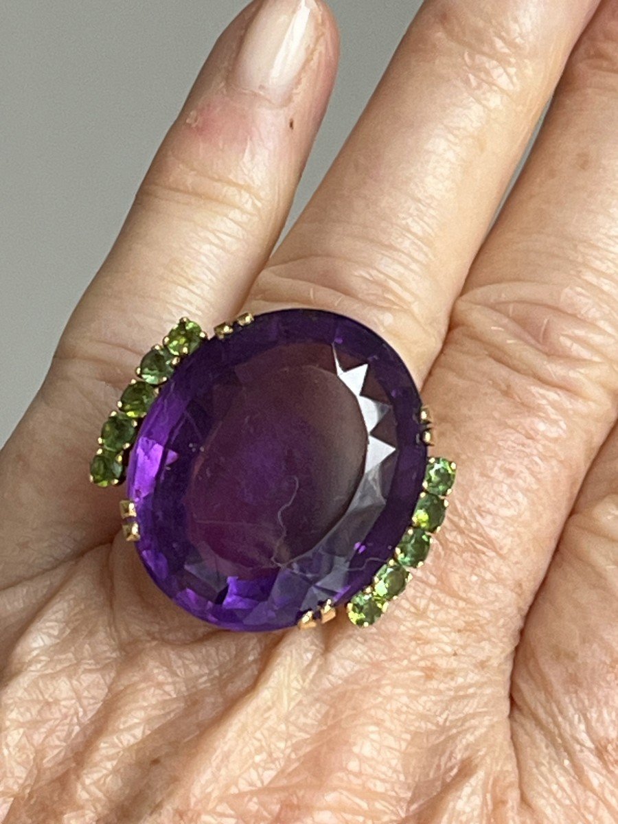 5268- 35 Ct Amethyst Peridots Yellow Gold Cocktail Ring-photo-3