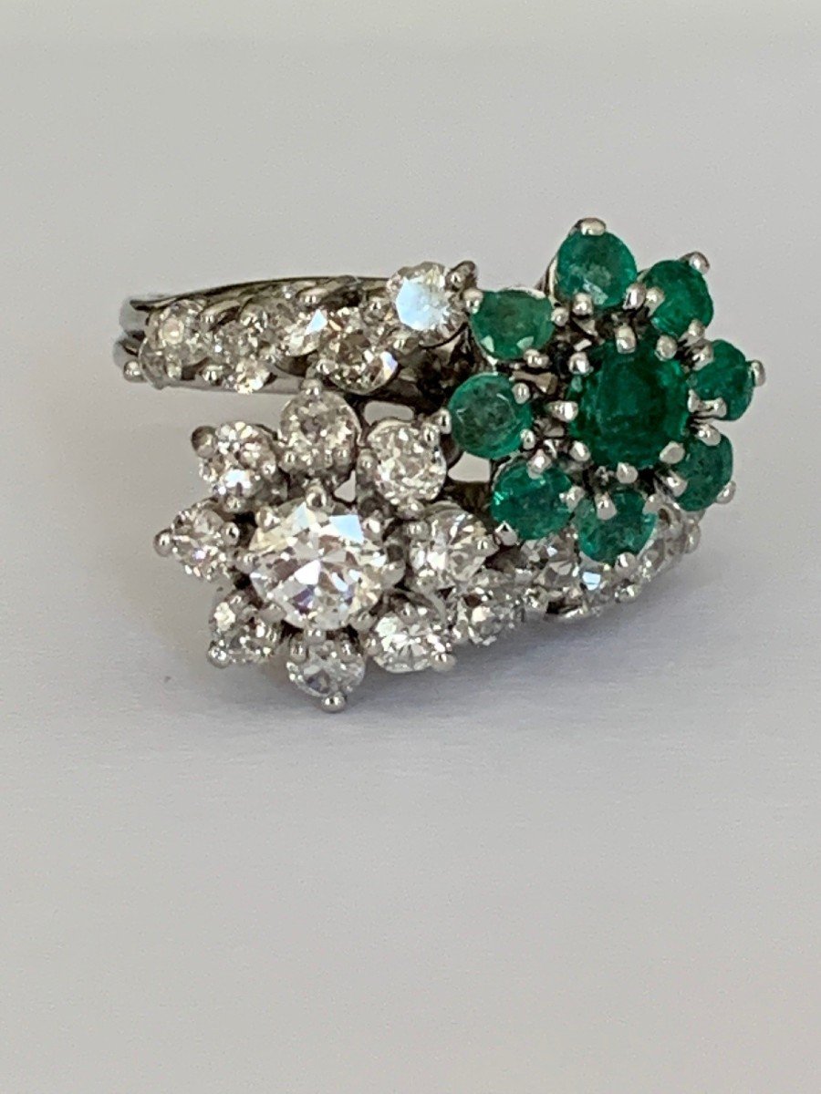 3449- Toi & Moi Platinum Diamonds Emeralds Ring-photo-3