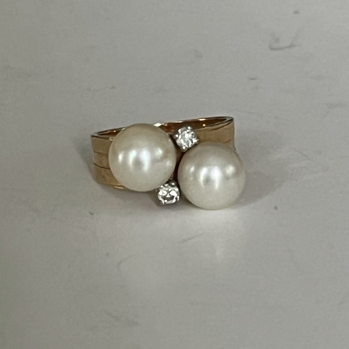 4195- Bague De Petit Doigt Or Jaune Perles Diamants
