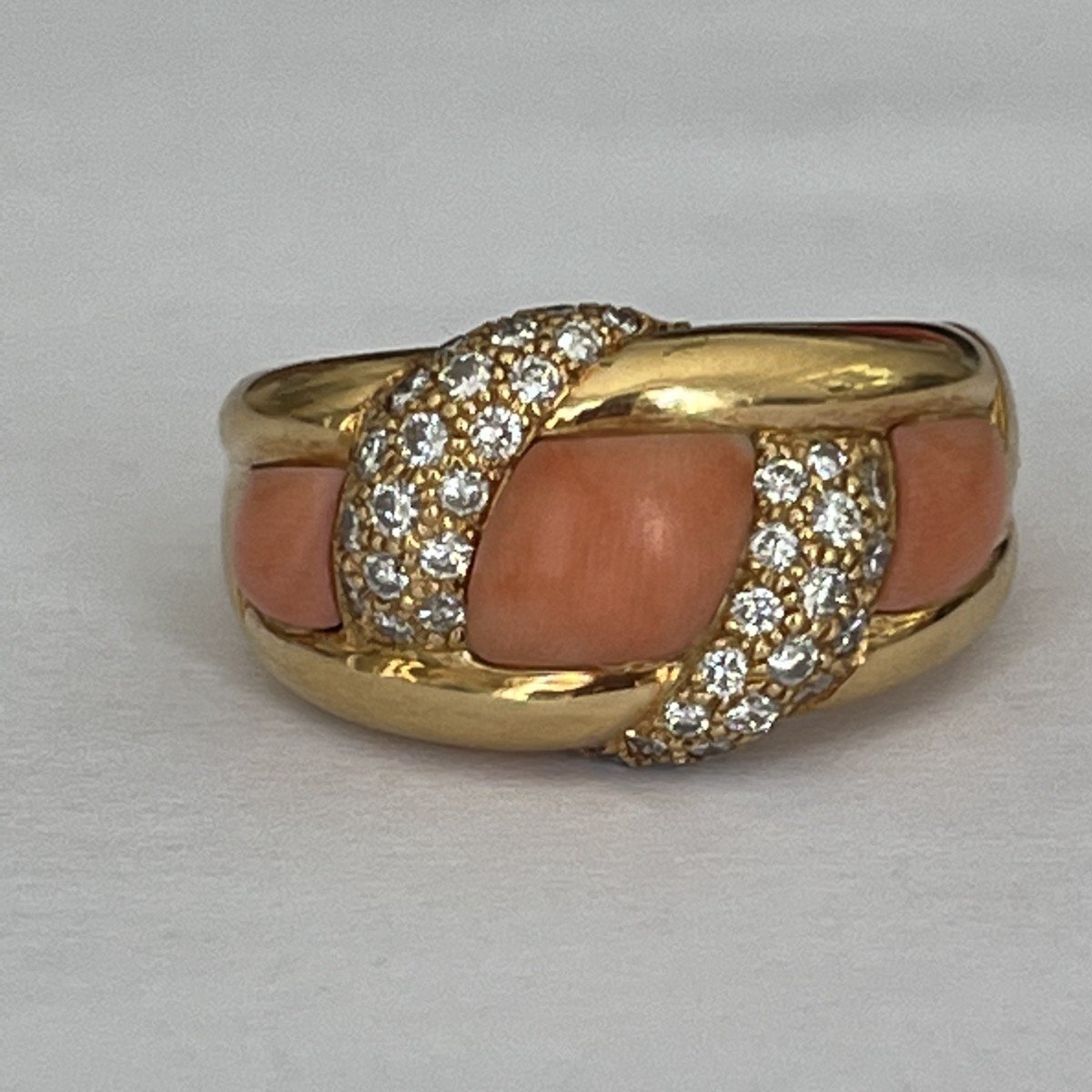 4238- Yellow Gold Coral Diamond Bangle Ring