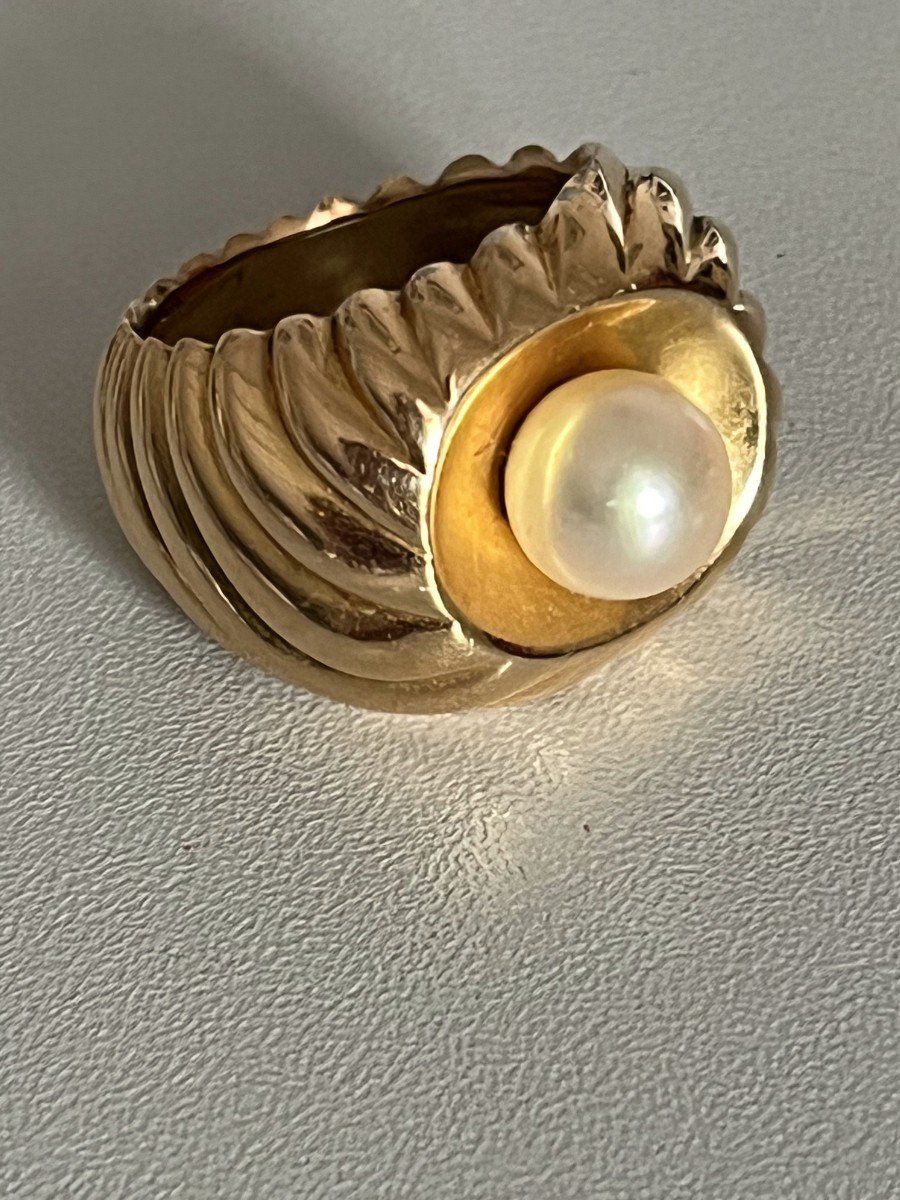 5393- Yellow Gold Godronné Pearl Dome Ring-photo-4