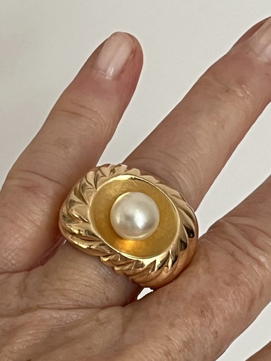 5393- Yellow Gold Godronné Pearl Dome Ring-photo-1