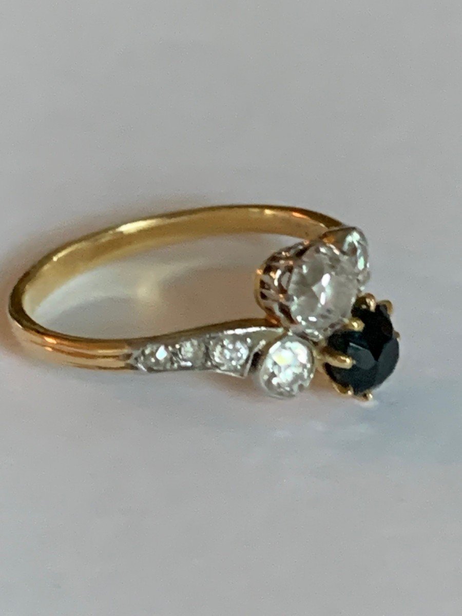 2569- Toi & Moi Ring Yellow Gold Platinum Sapphire Diamonds-photo-4
