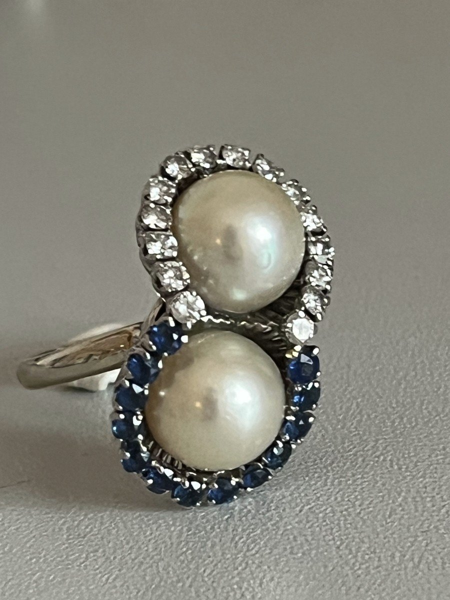 5422- Toi & Moi Ring White Gold Platinum Pearls Sapphires Diamonds-photo-4