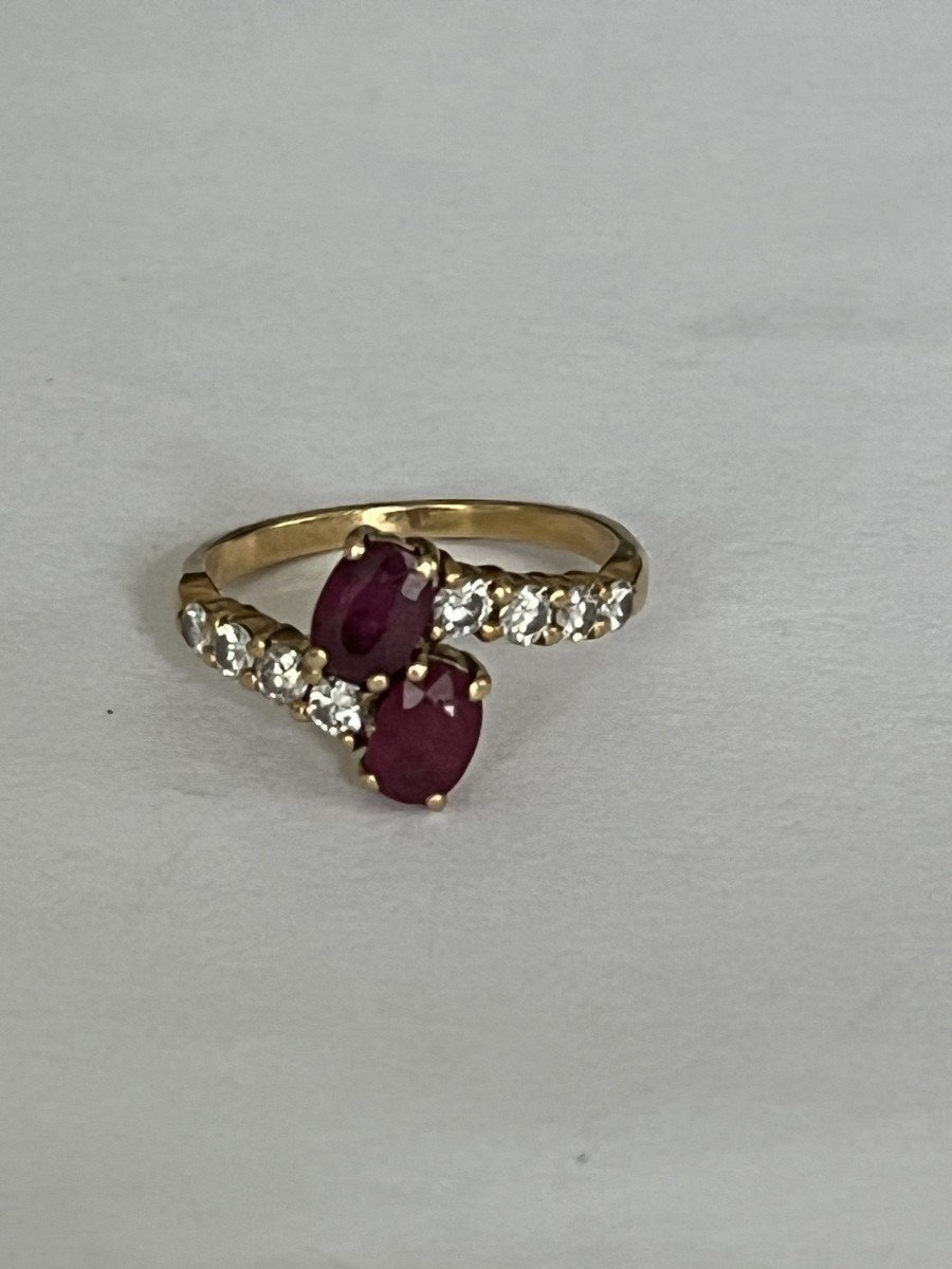 4503- Toi & Moi Ring Yellow Gold Ruby Diamonds-photo-3