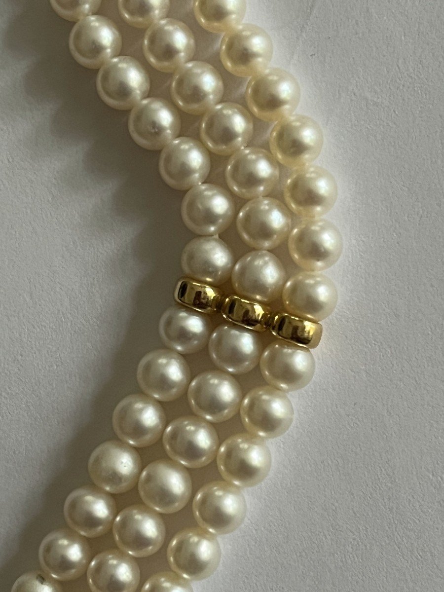 5555- Yellow Gold 3 Row Pearl Bracelet-photo-2