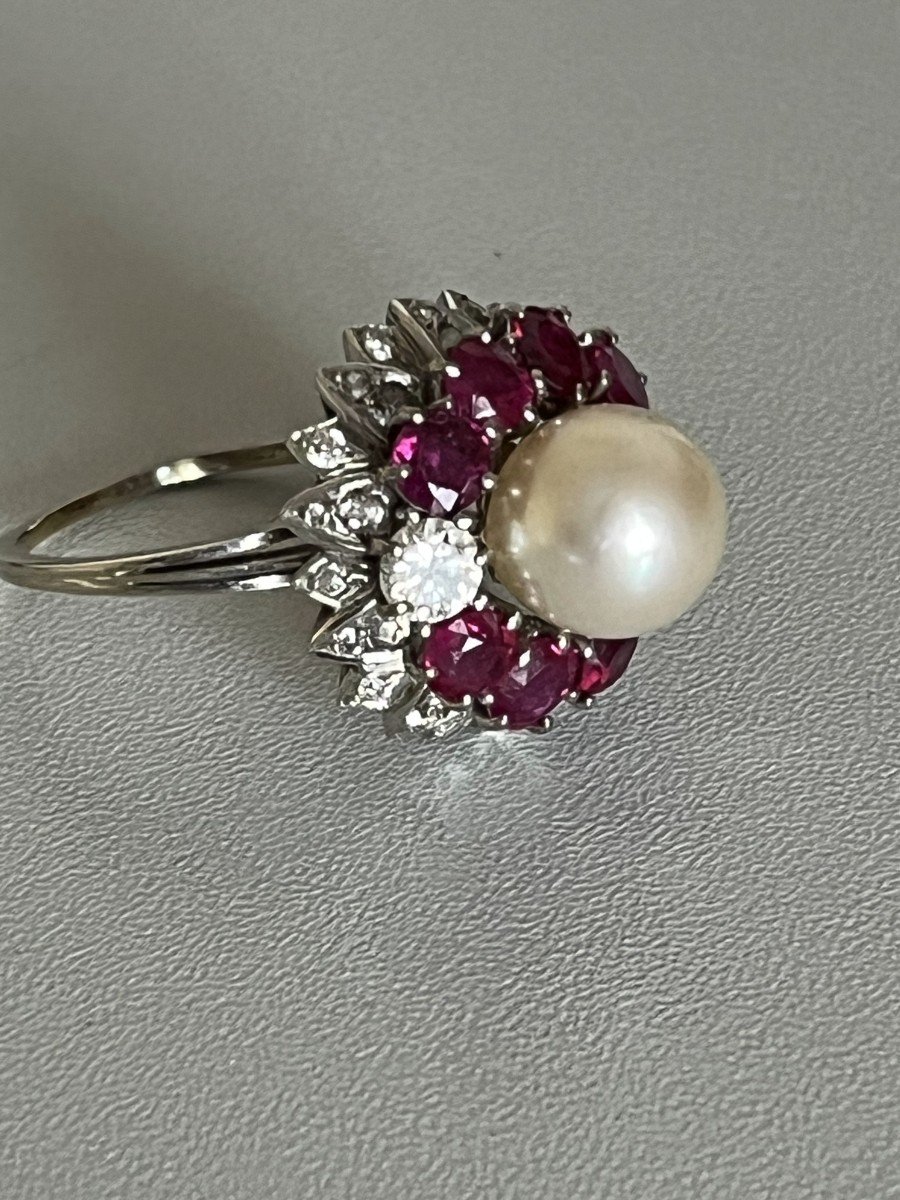 5480- White Gold Pearl Ruby Diamond Ring-photo-3